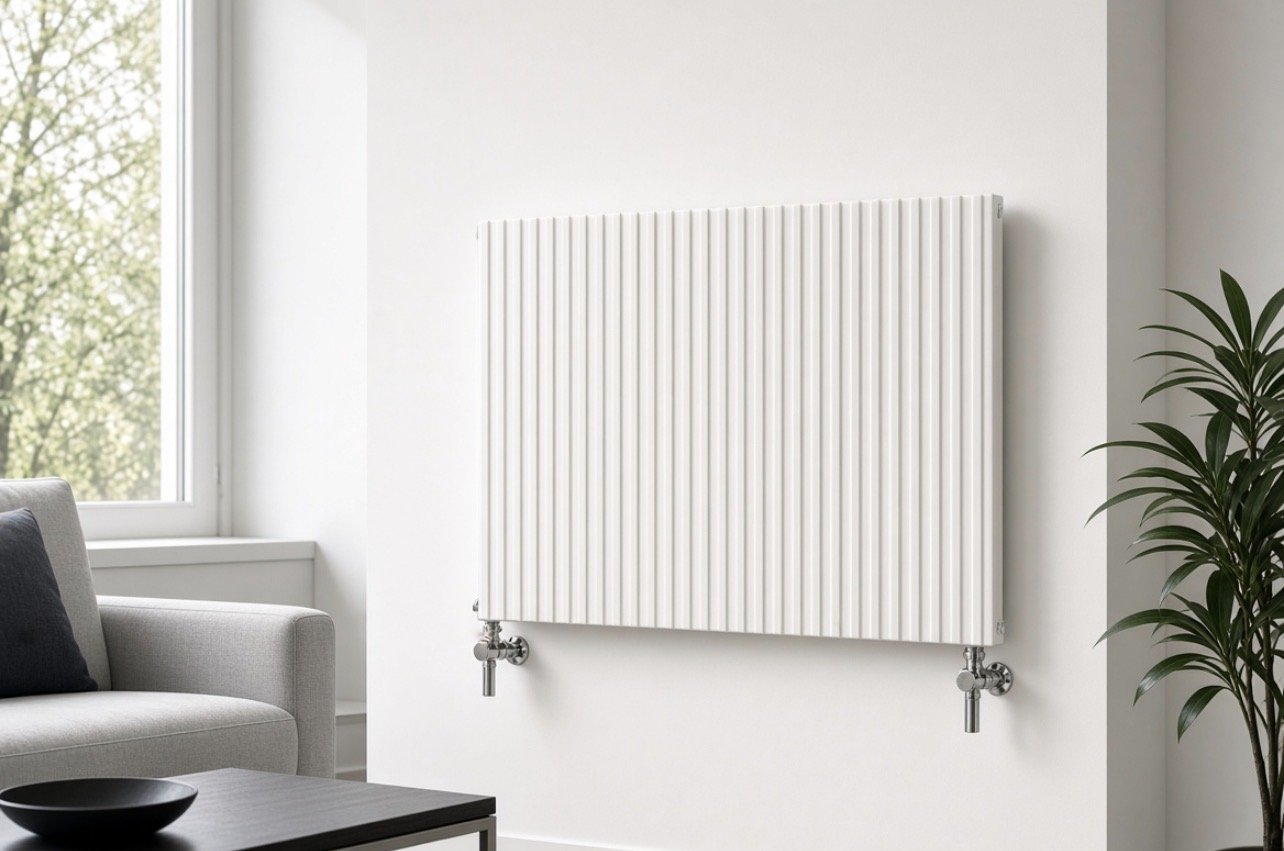 Witte radiator met thermostatische kraan in een lichte woonkamer